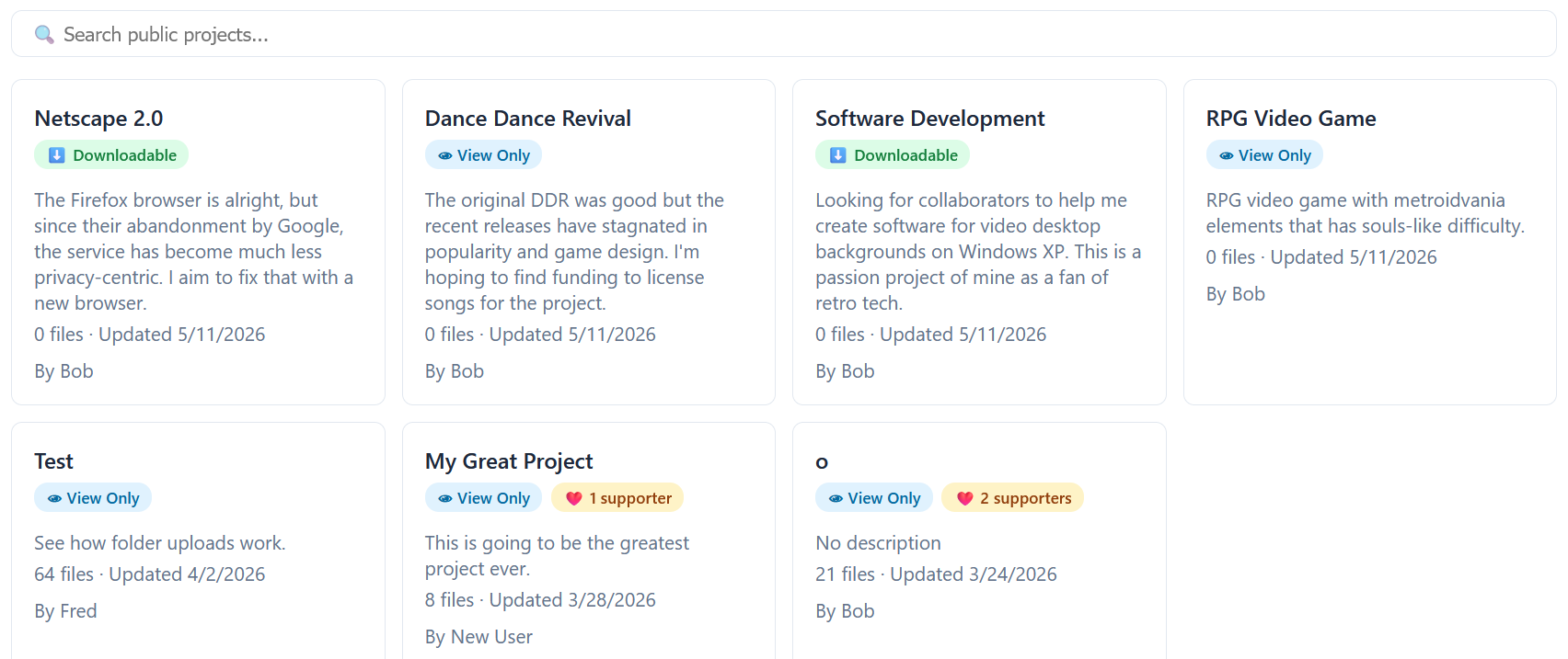 Vision Control Marketplace — project cards with search, owner info, and supporter badges